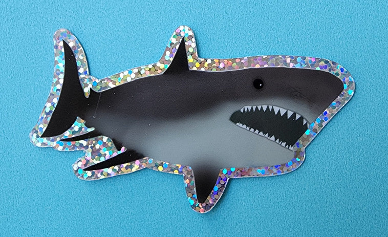 Sticker, Great White Shark, Vinyl, 2 Size Choices + Glitter Option, 3 or 4 Inches, Die-Cut