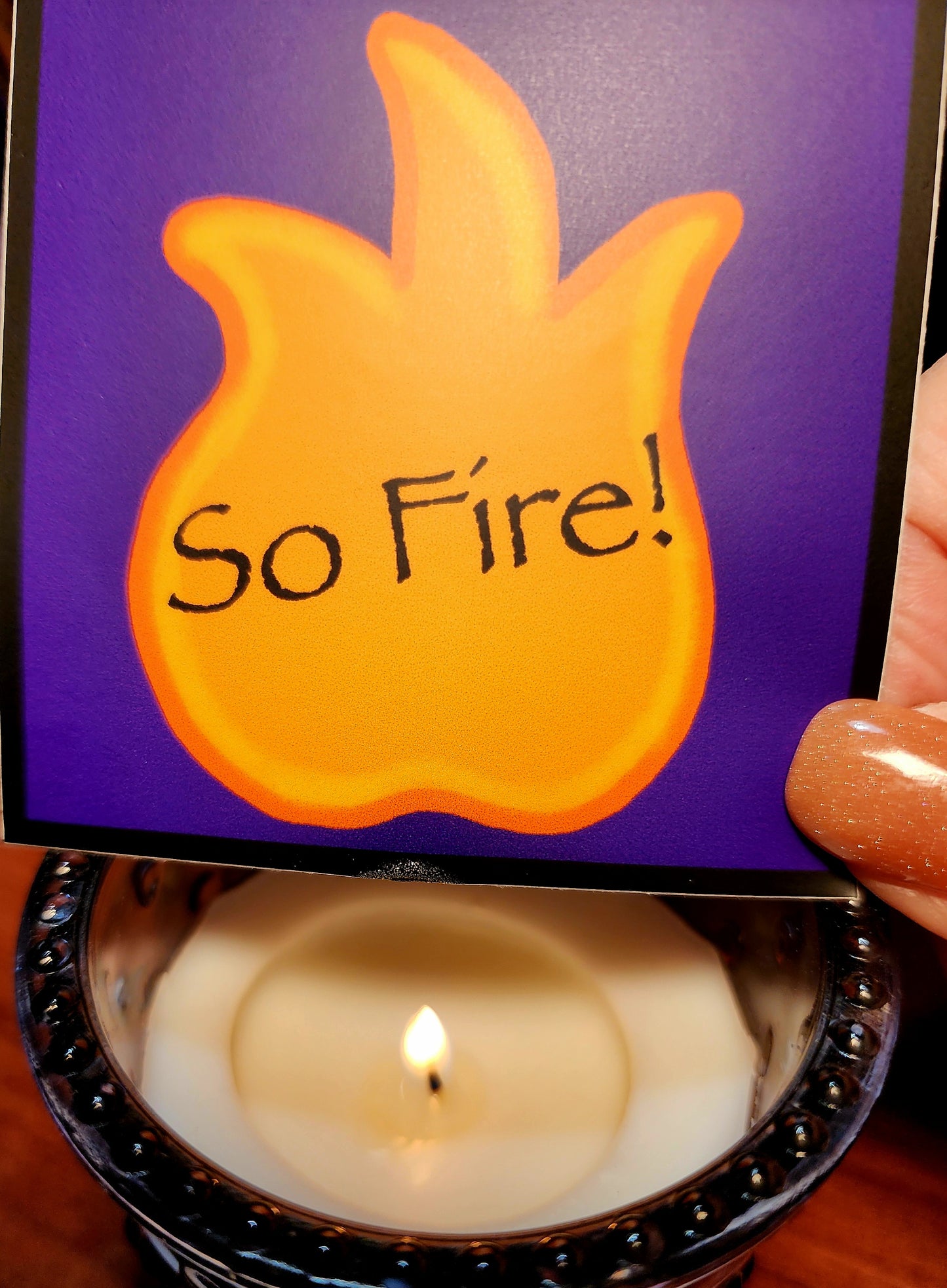 Sticker, "So Fire" Orange Flame on Purple Background, Vinyl, 3 Inch Square