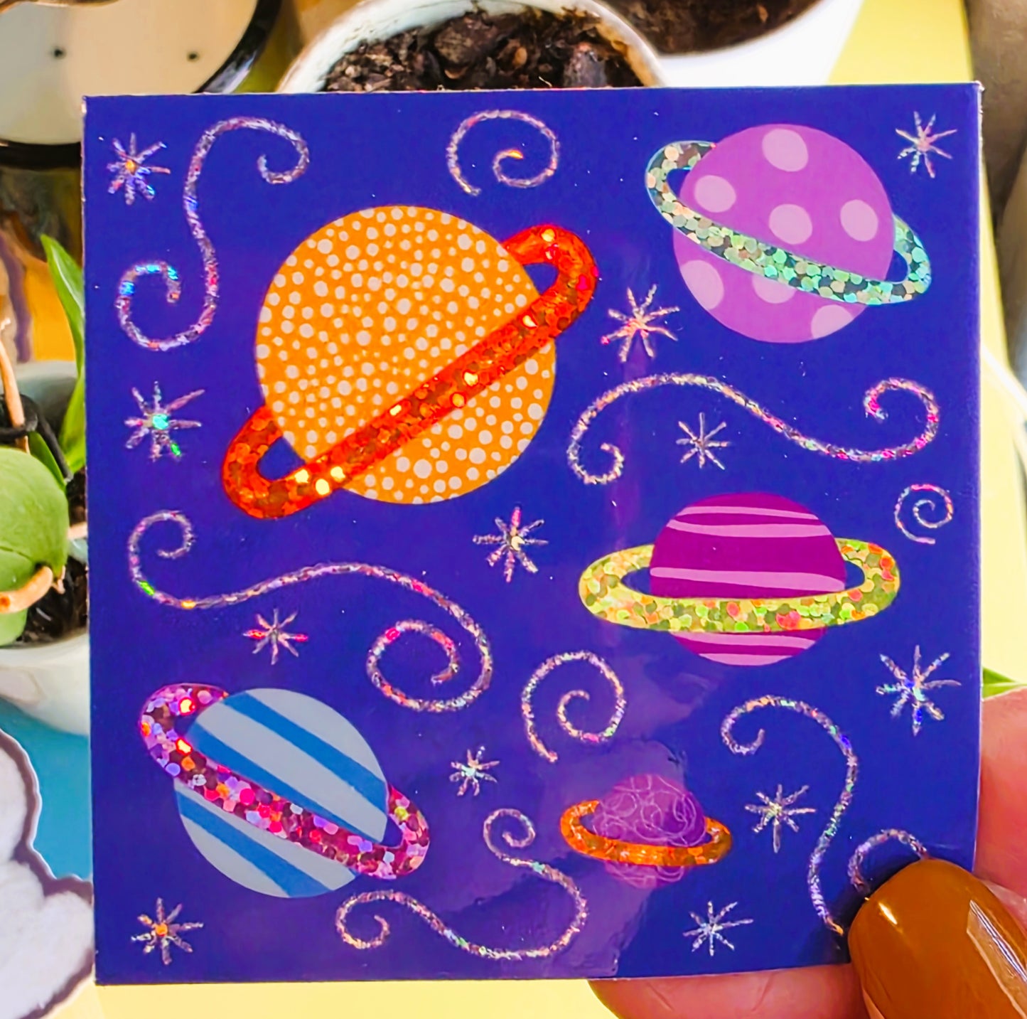 Glitter Sticker, Sparkly Solar System Design, 3 Inch Square, Vinyl