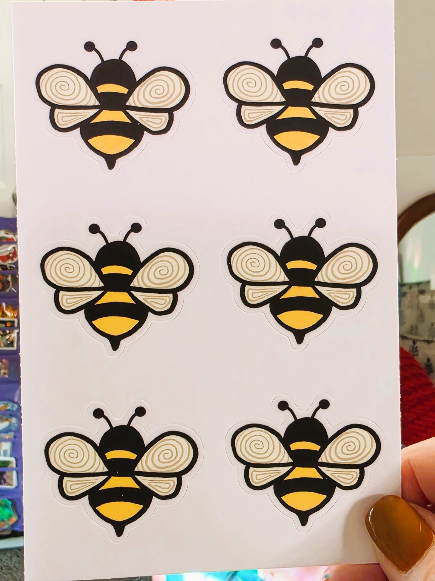 Sticker Sheet, Artistic Bee Design, 4" X 6" Sticker Sheet With 6 Individual Bee Stickers, Vinyl