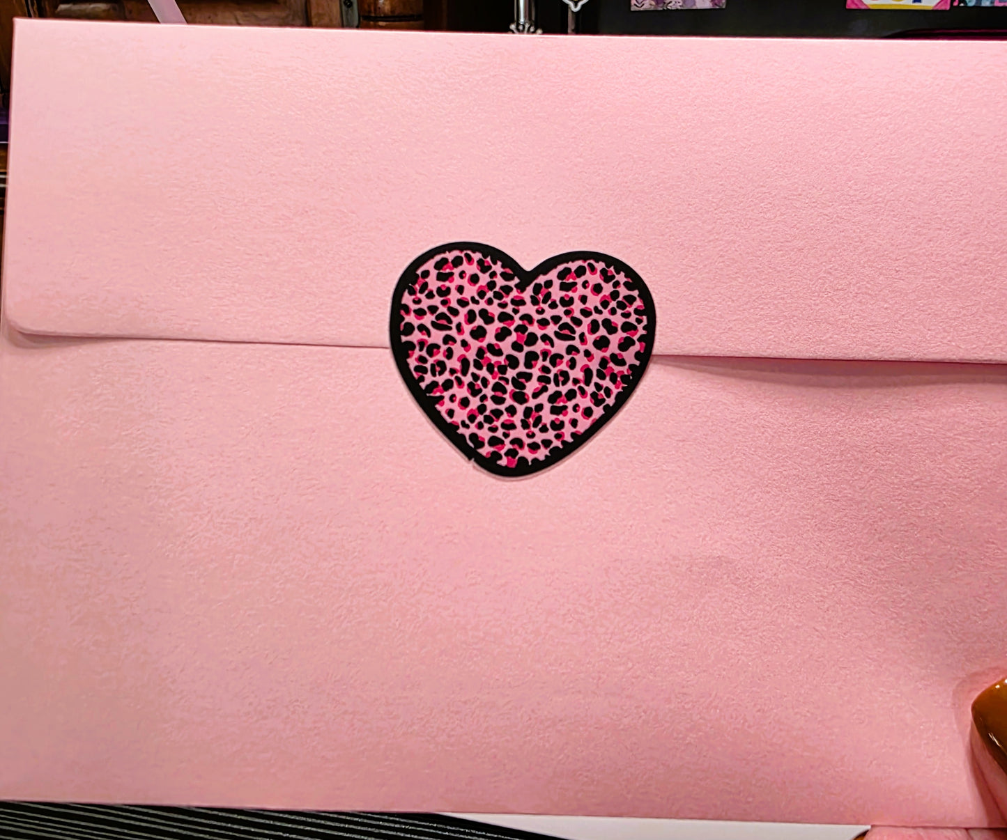 Sticker Sheet, Pink Leopard Print Hearts with Black Border, Six 2" Stickers per 4" x 6" Sheet, Vinyl