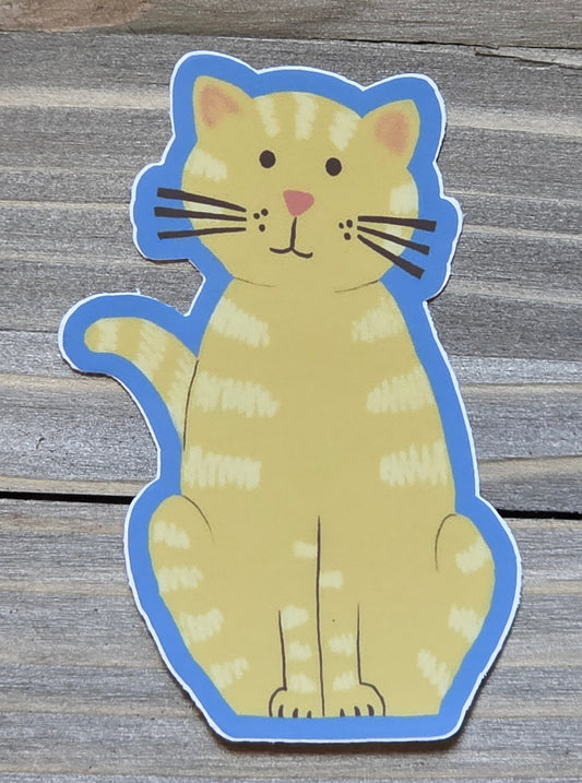 Sticker, Tan Tabby Cat With Blue Border, Vinyl, Die-Cut, 3 Inches