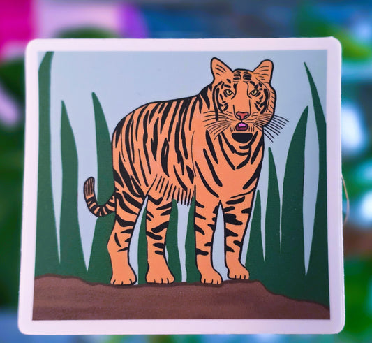 Tiger Sticker in Grassland, Square Vinyl Water-proof