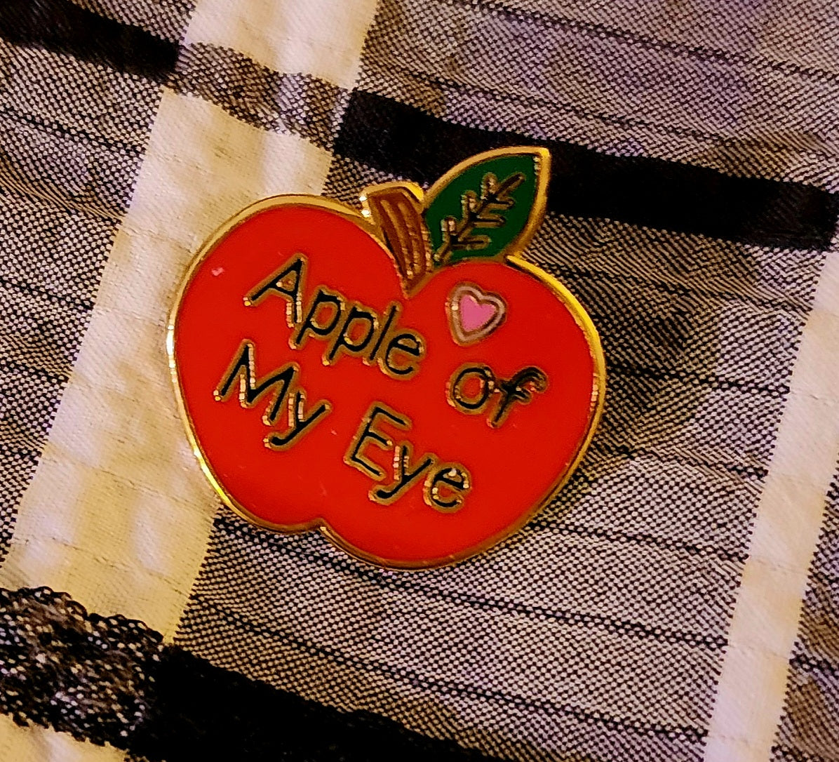 Enamel Pin, Apple of My Eye Red Apple Design, Gold Background/Border, 1 inch