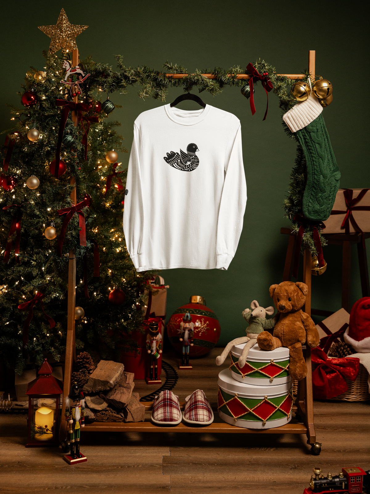 Folk Art Scandinavian Bird T Shirt, Long Sleeves