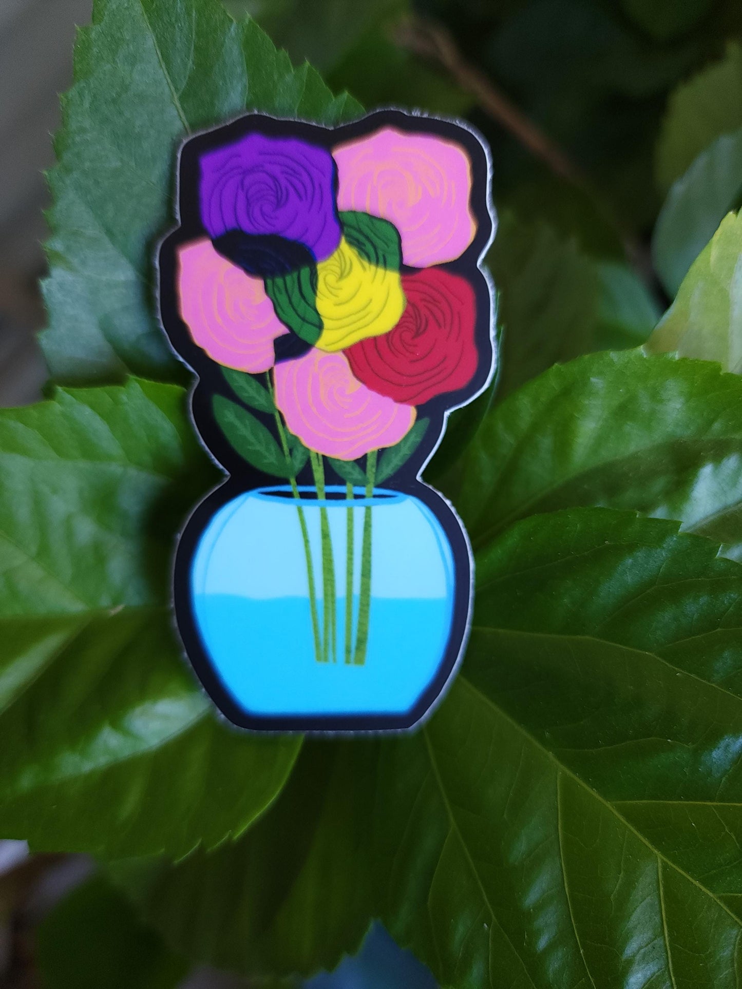 Sticker, Colorful flowers in Vase, Vinyl, Die-Cut, 3 Inch