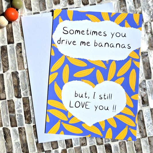 You Drive Me Bananas Post Card, Funny Greeting Card, Art Print