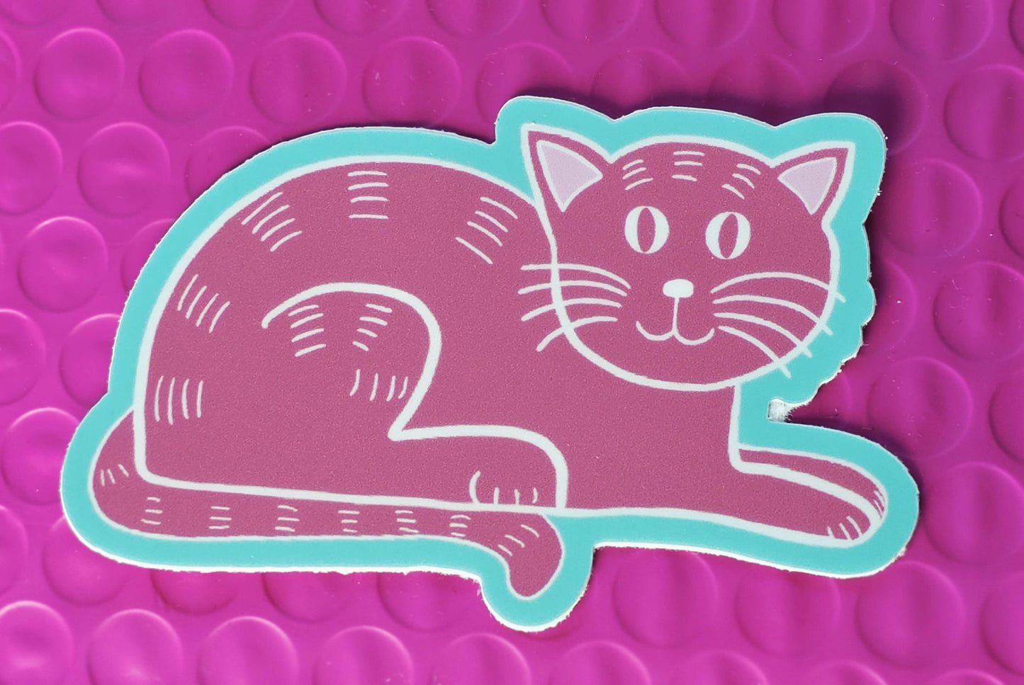 Sticker, Pink Cat on Blue Background, Vinyl, Die-Cut, 3 Inch