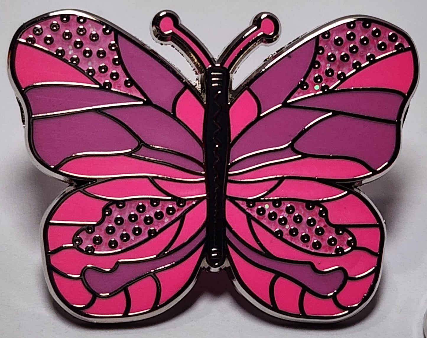 Enamel Pin, Pink Butterfly, Silver Background Border, 1.5 inch