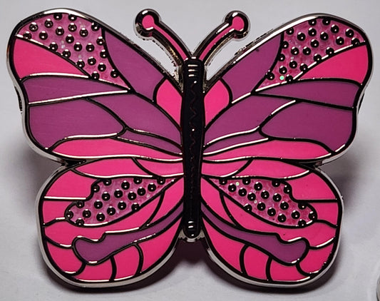 Enamel Pin, Pink Butterfly, Silver Background Border, 1.5 inch