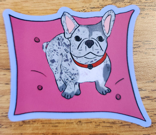Sticker, French Bulldog, Frenchie on Pink Pillow, Vinyl, Die-Cut, 3 Inch