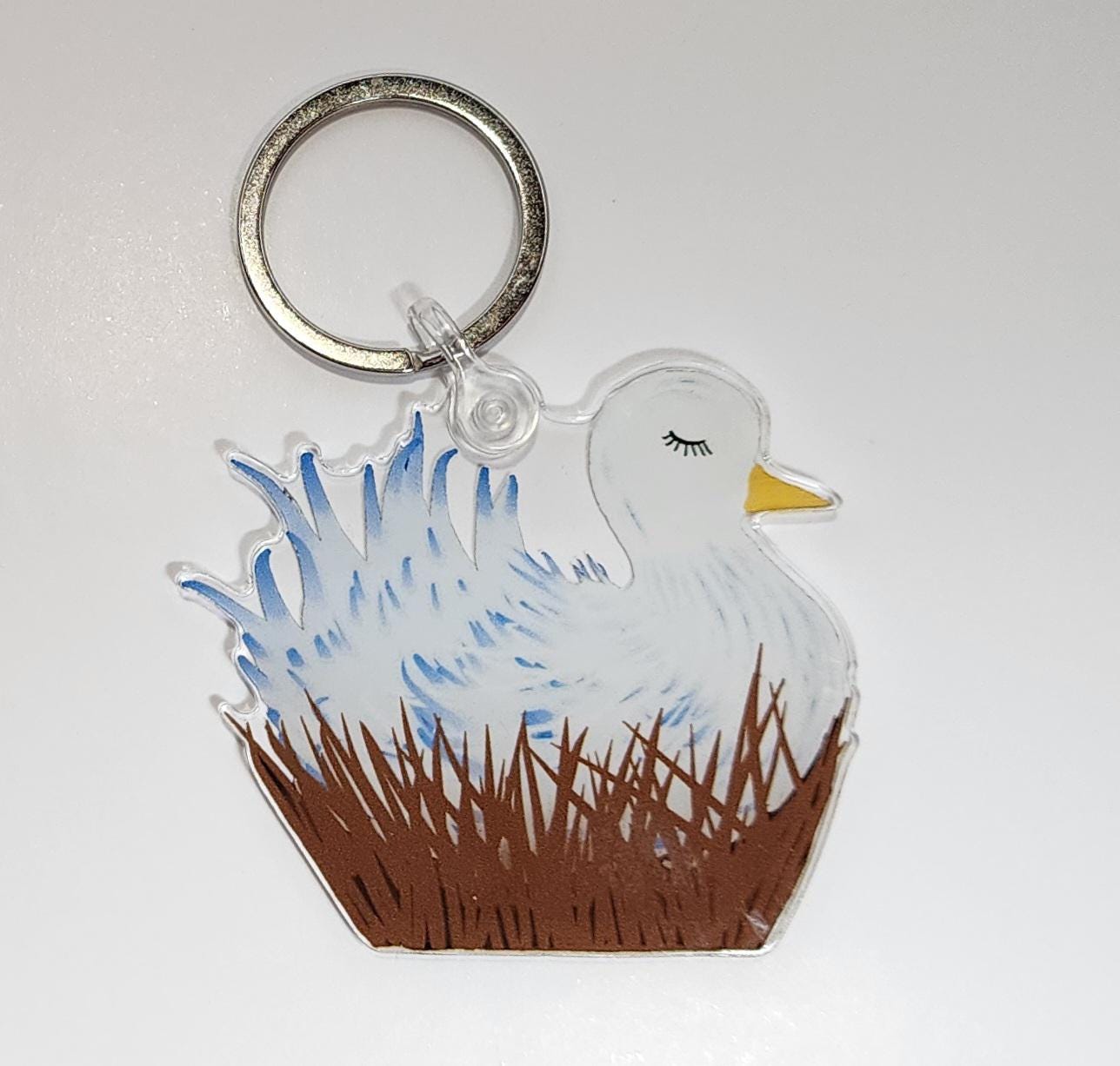 Keychain, Bird in Nest, Acrylic on Silver Keychain, 2 inches