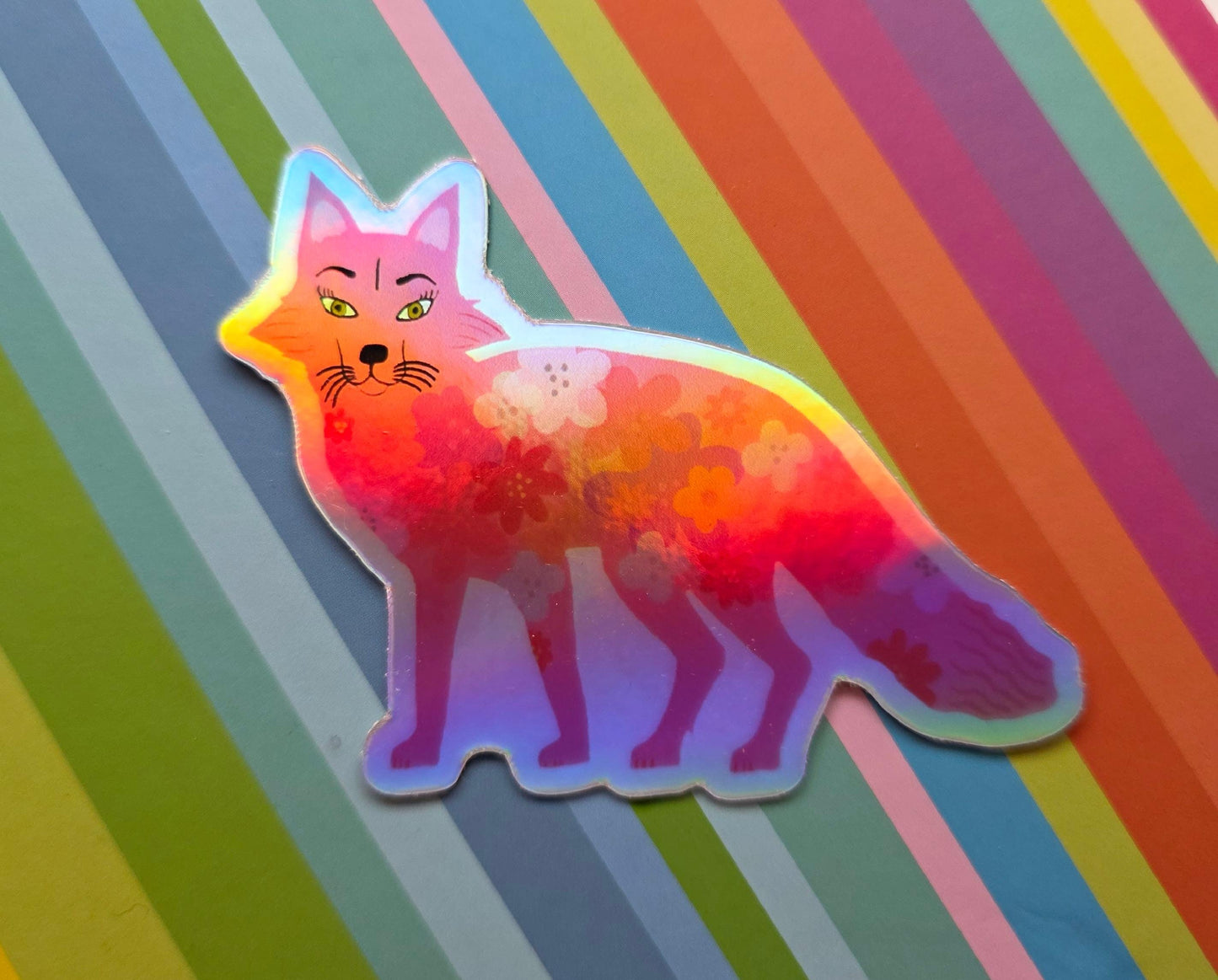 Sticker, Holographic, Pink Fox, Vinyl, Die-Cut, 3 Inch