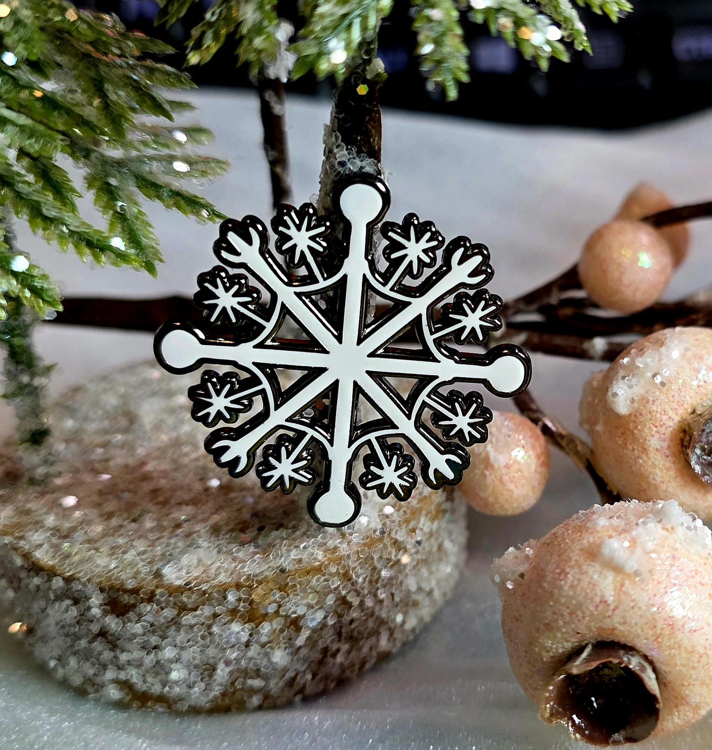 Enamel Pin, Snowflake Design, Black Nickel Background Border, 1.5 inch, 2 Clasp Back