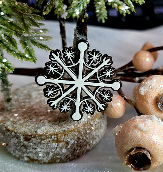 Enamel Pin, Snowflake Design, Black Nickel Background Border, 1.5 inch, 2 Clasp Back