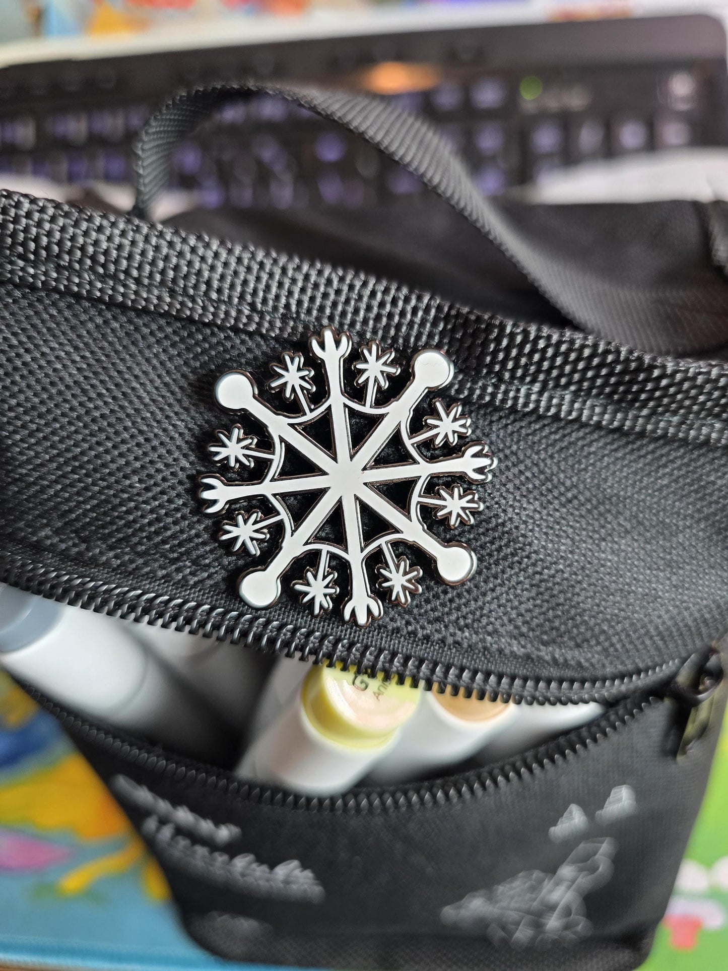 Enamel Pin, Snowflake Design, Black Nickel Background Border, 1.5 inch, 2 Clasp Back