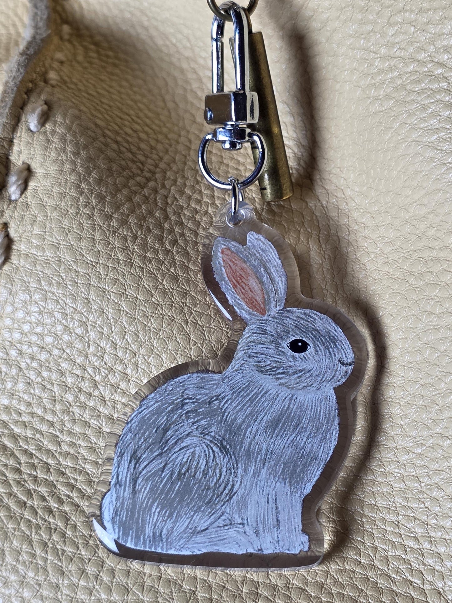 Keychain, Furry Gray Rabbit Design, Acrylic Epoxy on Silver Clasp, 2 inch