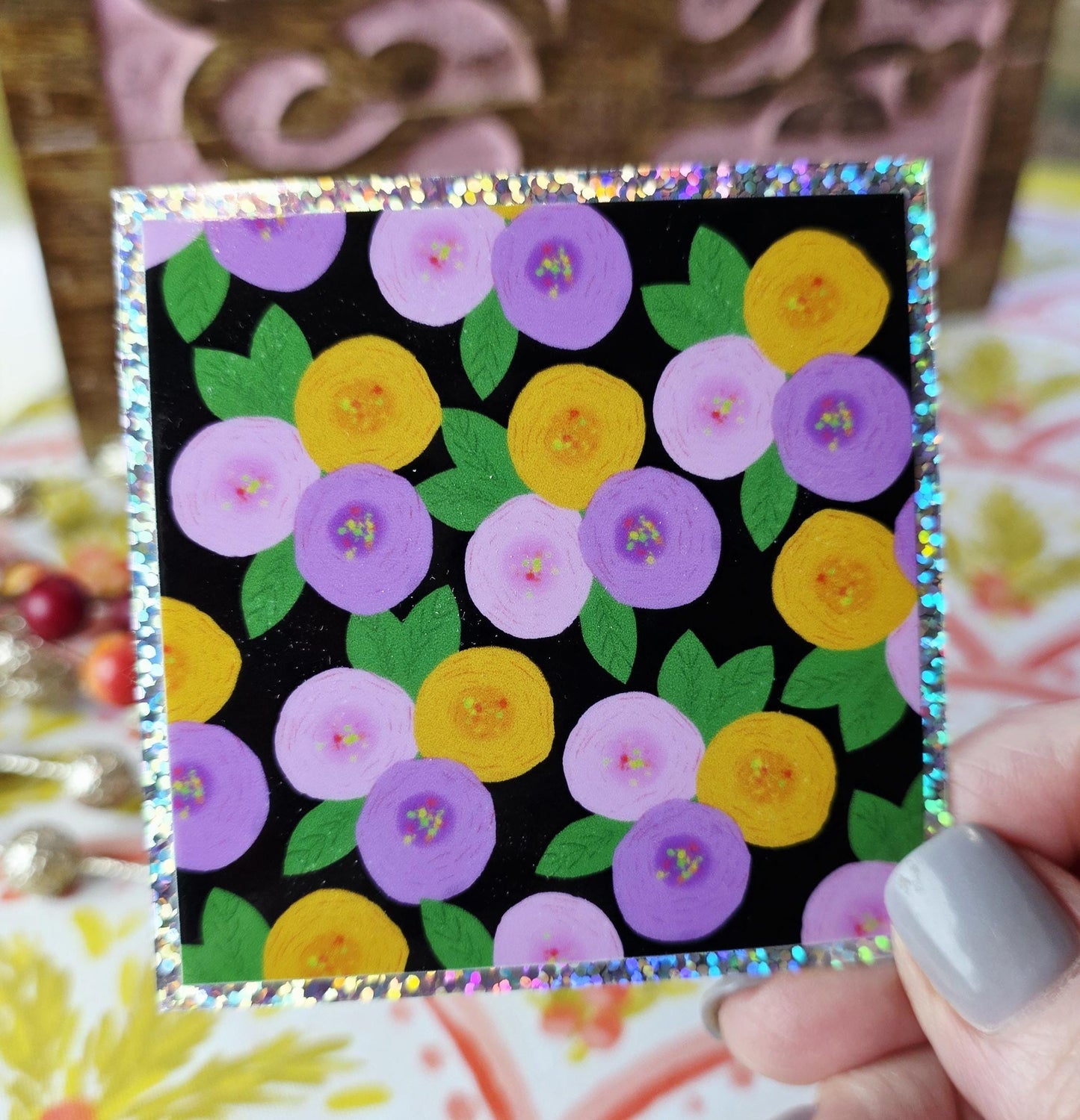 Glitter Sticker, Floral Design, Pink, Purple and Gold, Vinyl, Die-Cut, 3 Inch Square