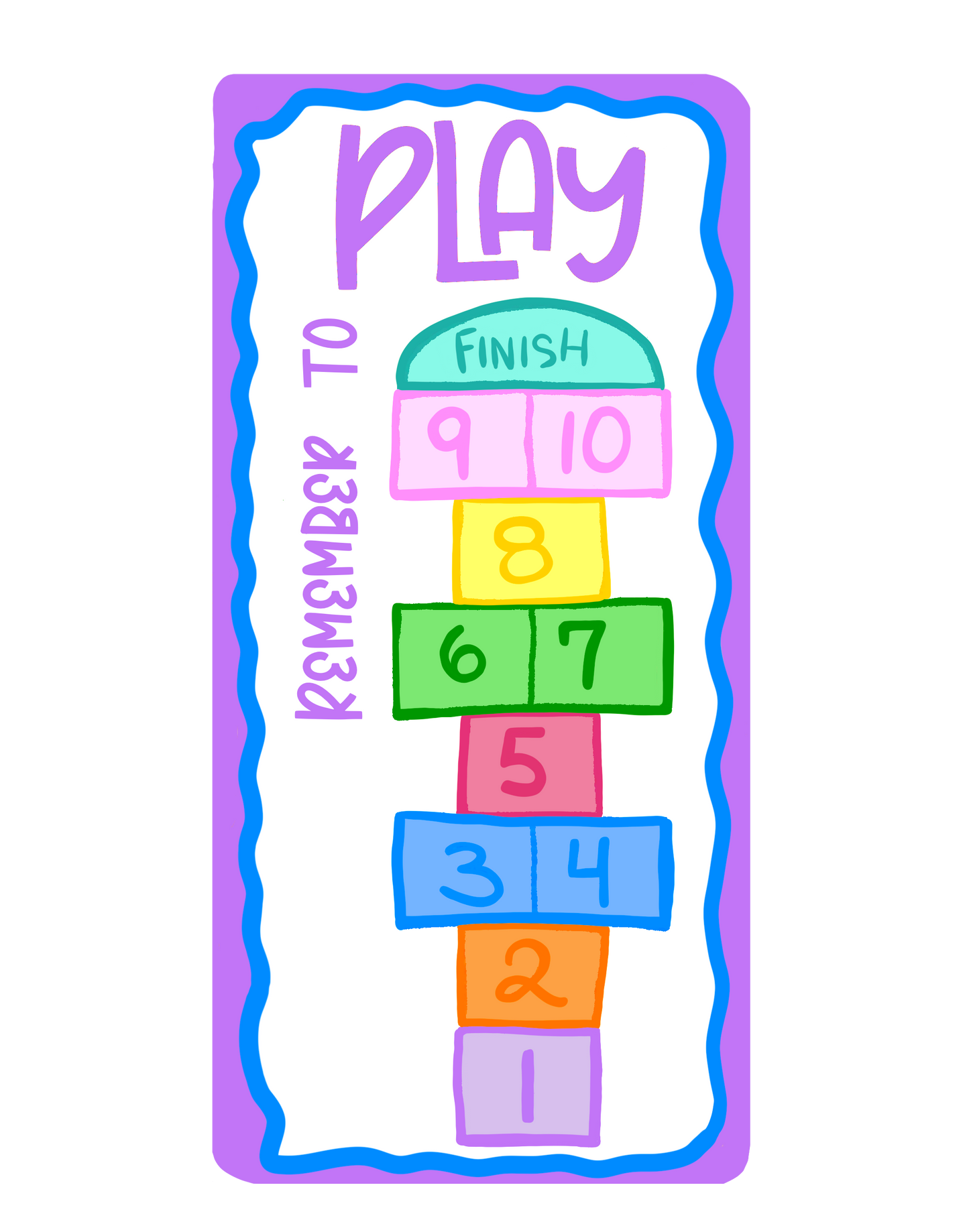 Post Card, Hopscotch Design, "Remember to Play", 4" x 6", Blank Back, Rounded Corners