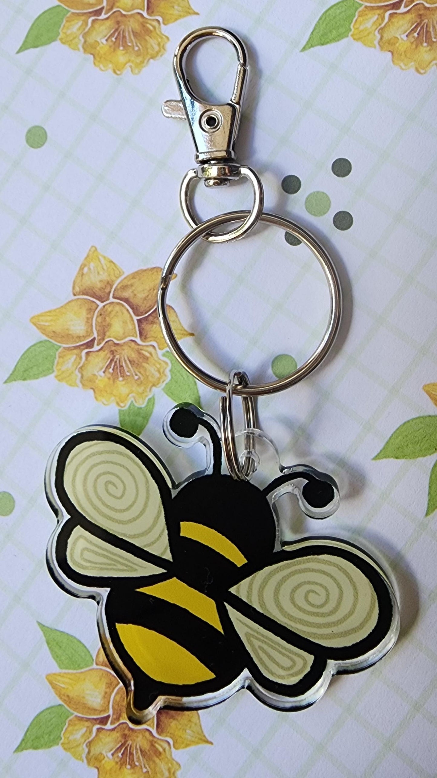 Keychain, Bee Design, Acrylic on Silver Clasp, 1.5 inch