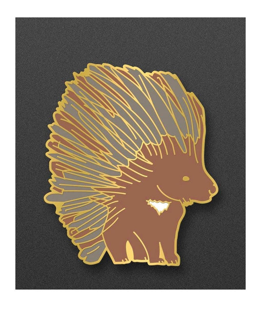 Enamel Pin, Porcupine, Gold Tone Background Border, 1.5 inch