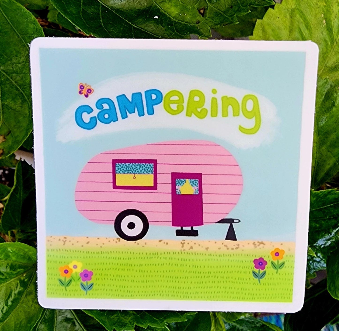 Sticker, Pink Camper "Campering" Design, Vinyl, 3 Inch Square