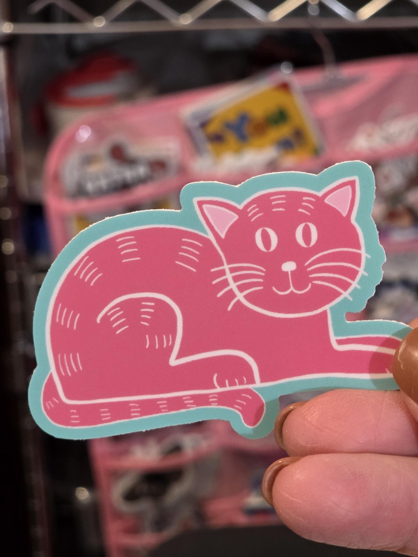 Sticker, Pink Cat on Blue Background, Vinyl, Die-Cut, 3 Inch