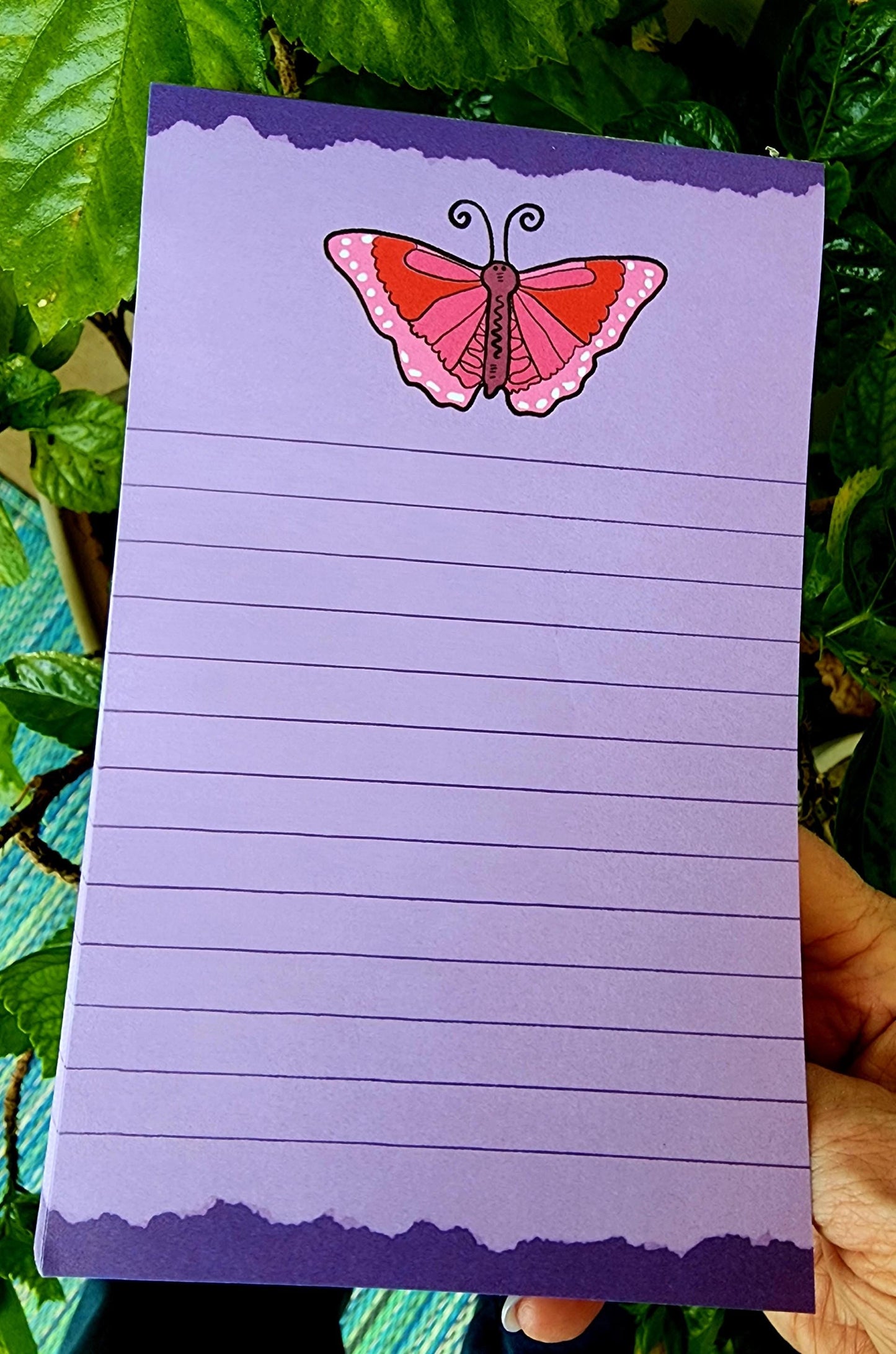 Notepad, Bright Pink Butterfly on Lavender Lined pages, 8" x 5", 50 Sheets