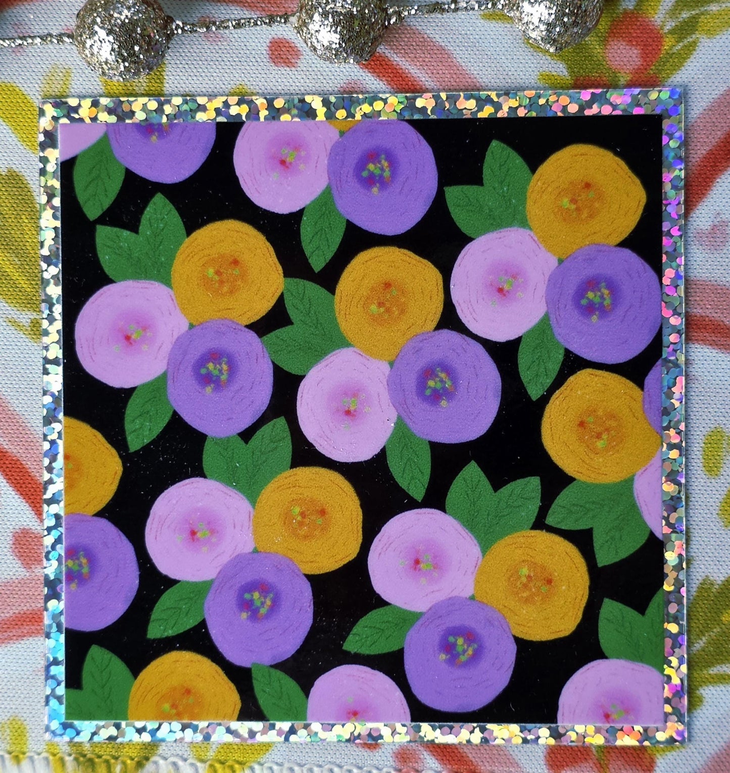 Glitter Sticker, Floral Design, Pink, Purple and Gold, Vinyl, Die-Cut, 3 Inch Square