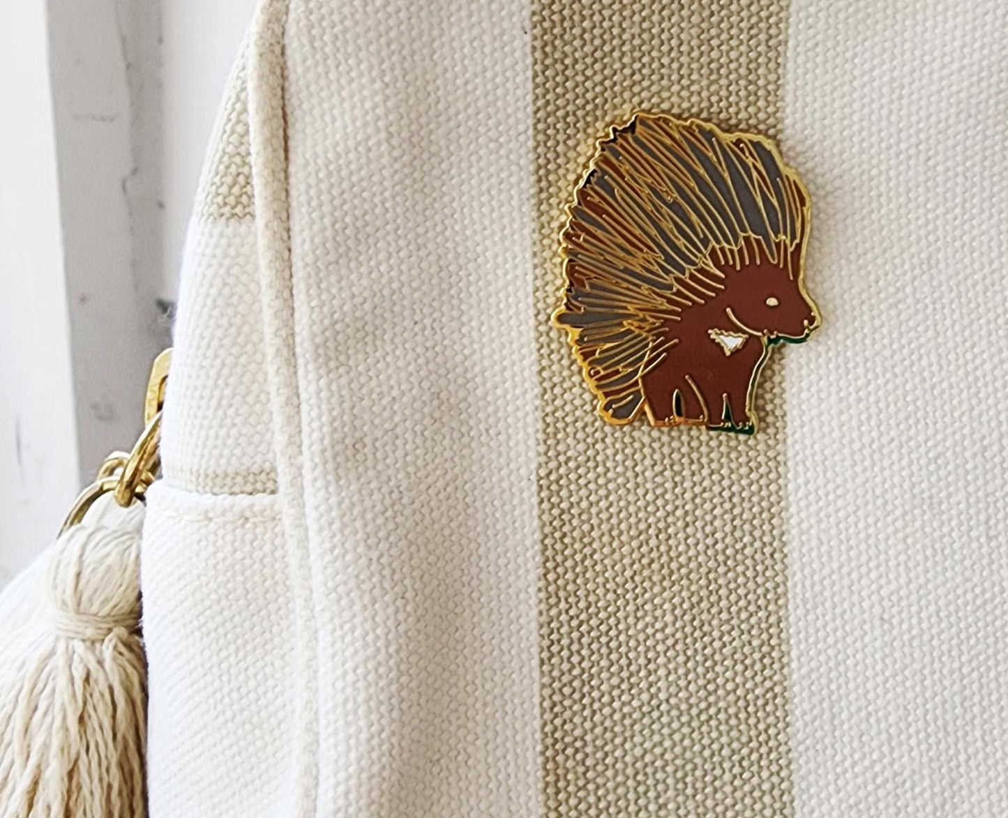 Enamel Pin, Porcupine, Gold Tone Background Border, 1.5 inch