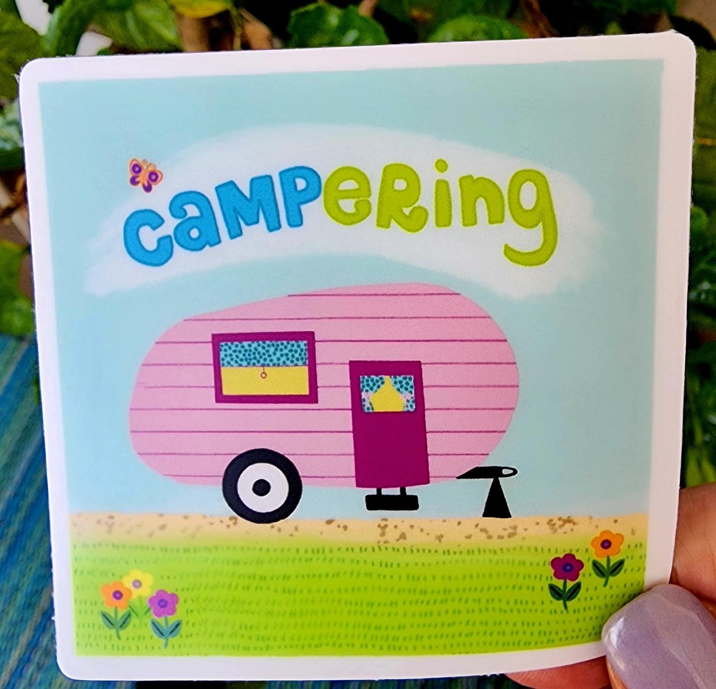 Sticker, Pink Camper "Campering" Design, Vinyl, 3 Inch Square