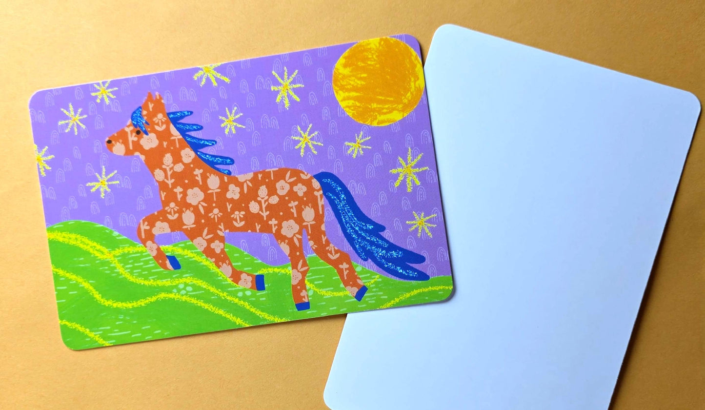 Post Card, Year of the Horse Whimsical Horse Running, 4" x 6", Blank Back, Rounded Corners