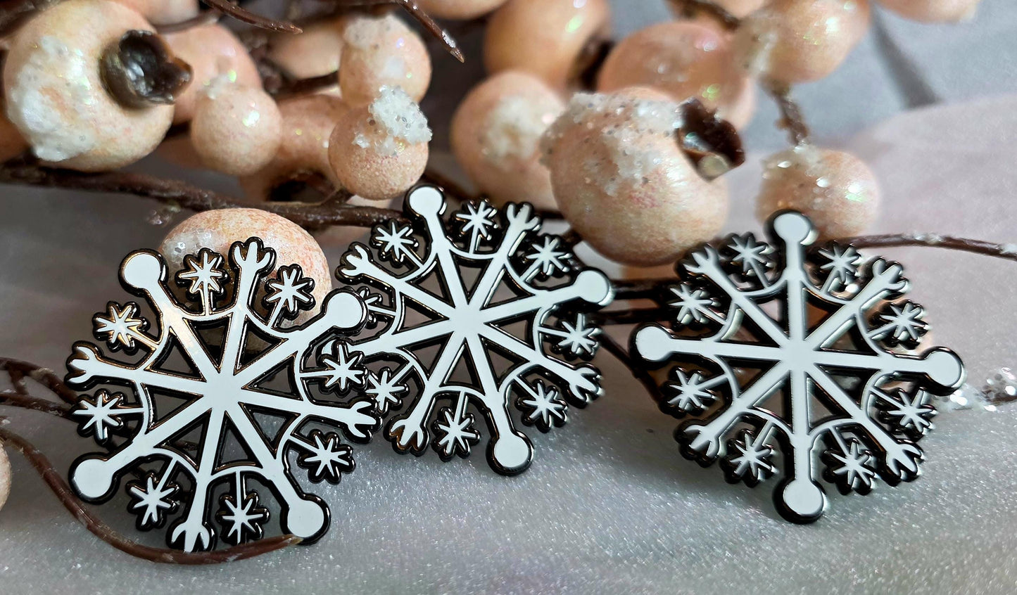 Enamel Pin, Snowflake Design, Black Nickel Background Border, 1.5 inch, 2 Clasp Back