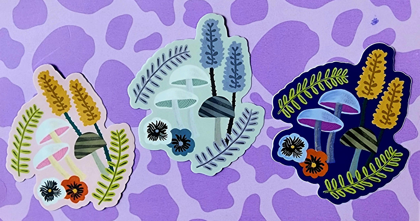 Sticker, Mushroom Garden Design, 3 Color Choices, Vinyl, Die-Cut, 3 Inch