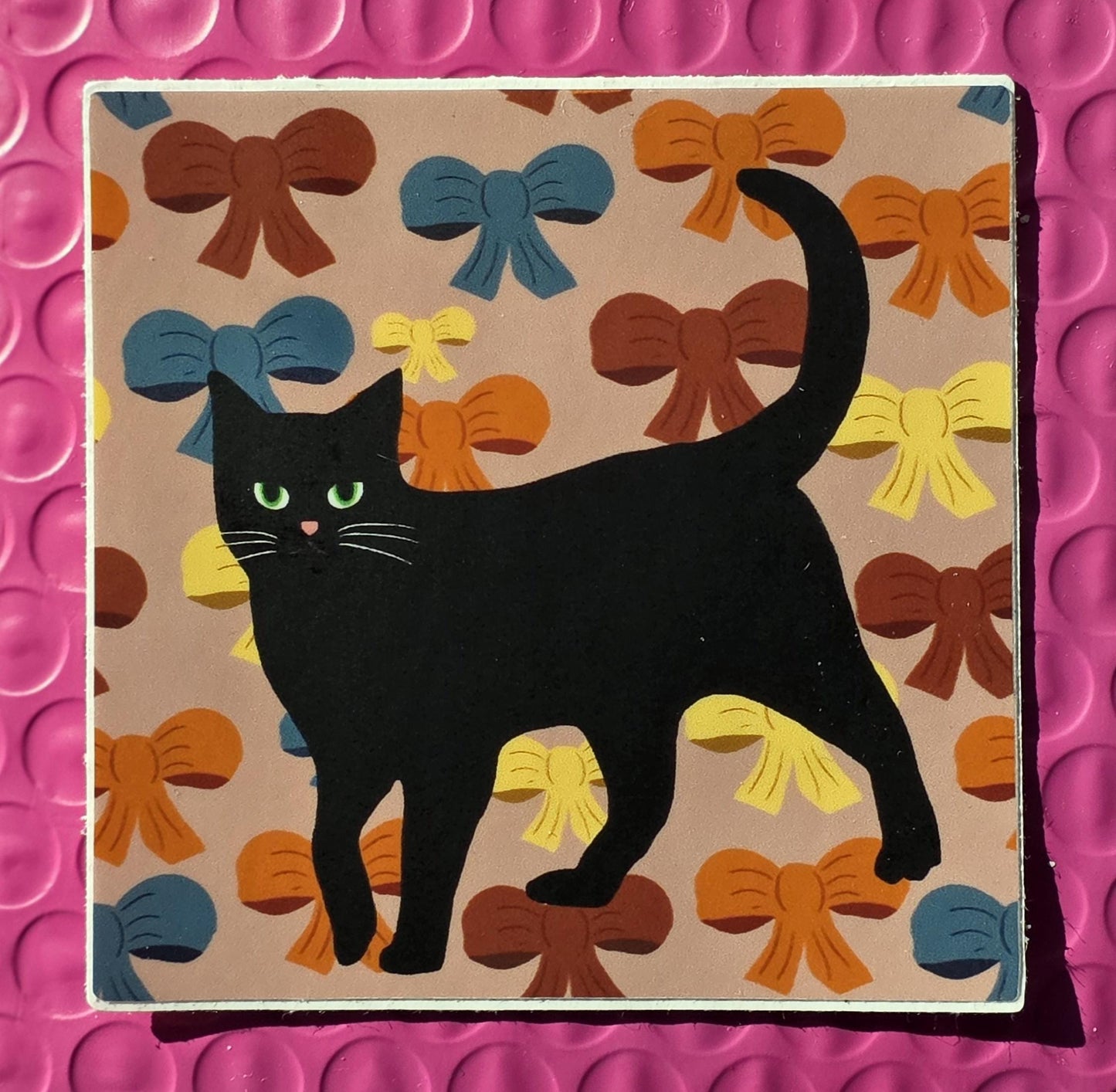 Sticker, Black Cat on Floral or Bows, Vinyl, 3 Inch Square
