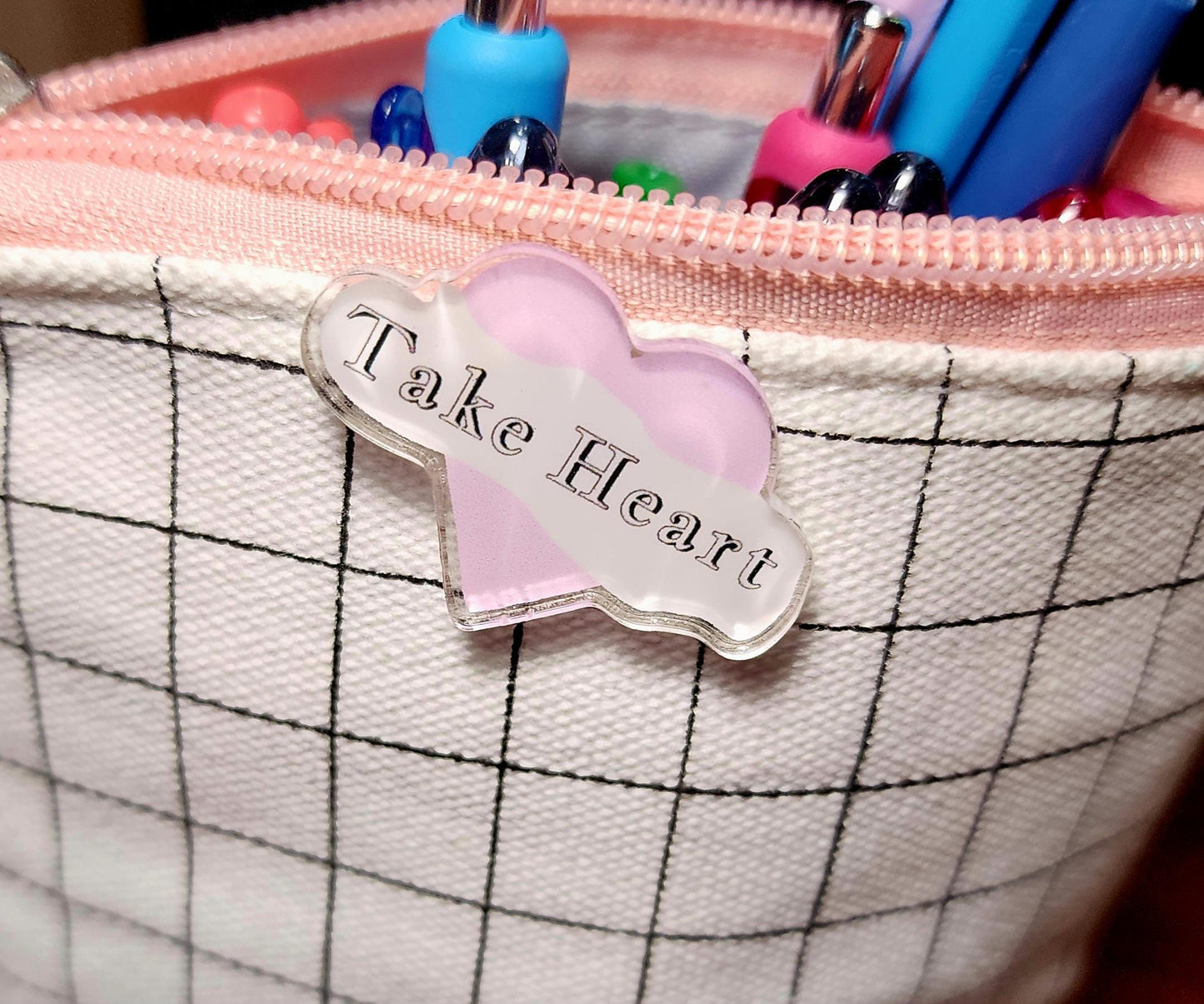 Acrylic Pin, Pink and White with Message, "Take Heart." Rubber Pin Back, 2 Inch