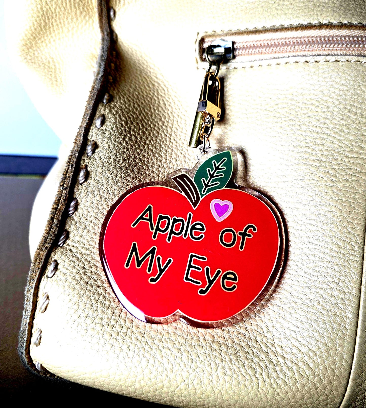 Keychain, Apple of My Eye, Red Apple on Gold Metal Clasp, 3 inches