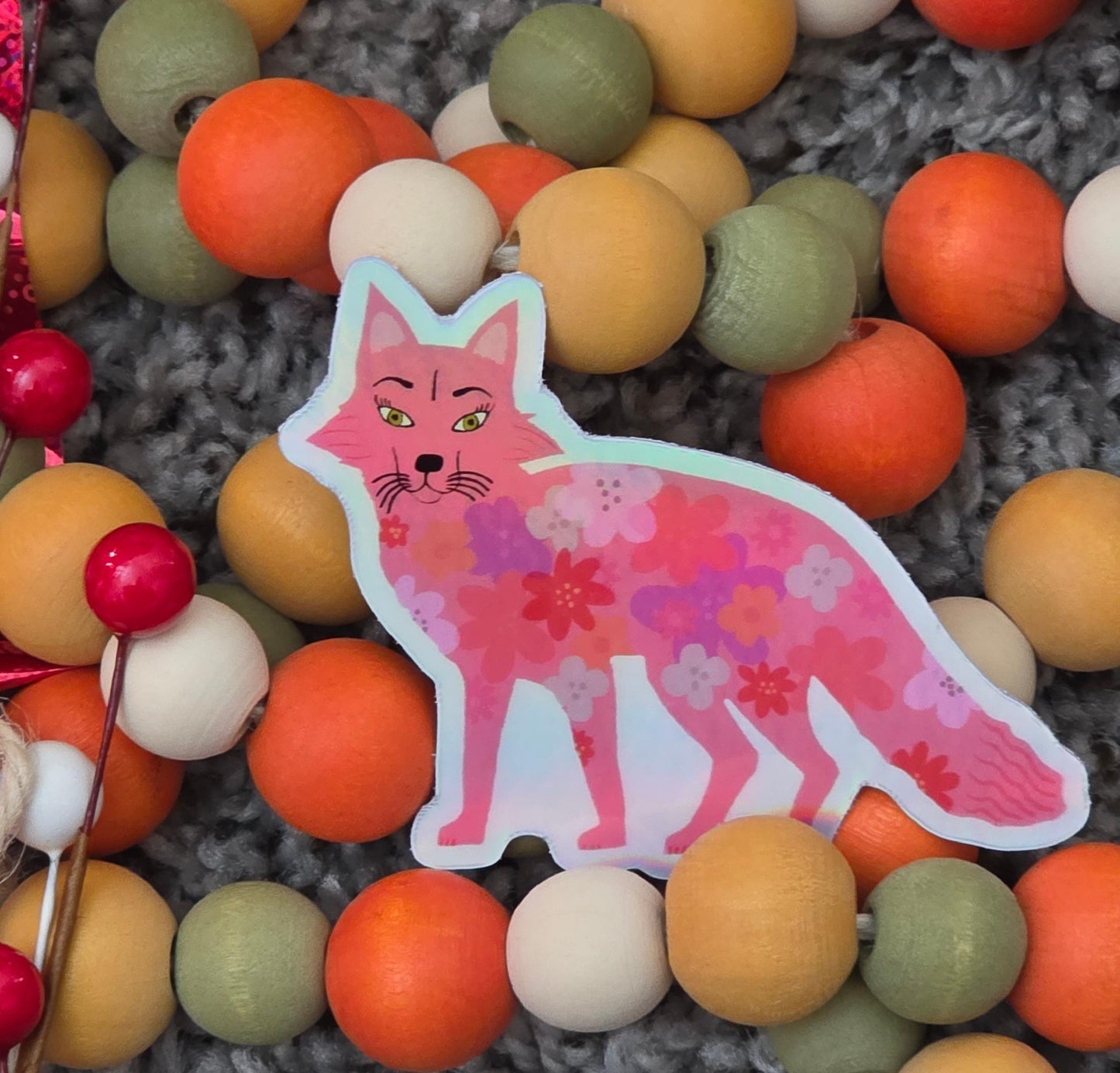 Sticker, Holographic, Pink Fox, Vinyl, Die-Cut, 3 Inch