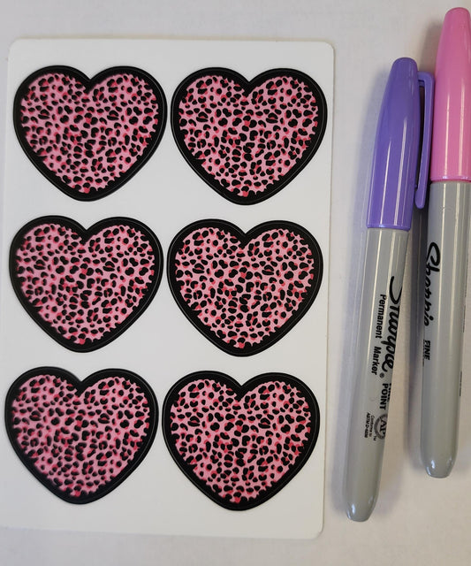 Sticker Sheet, Pink Leopard Print Hearts with Black Border, Six 2" Stickers per 4" x 6" Sheet, Vinyl