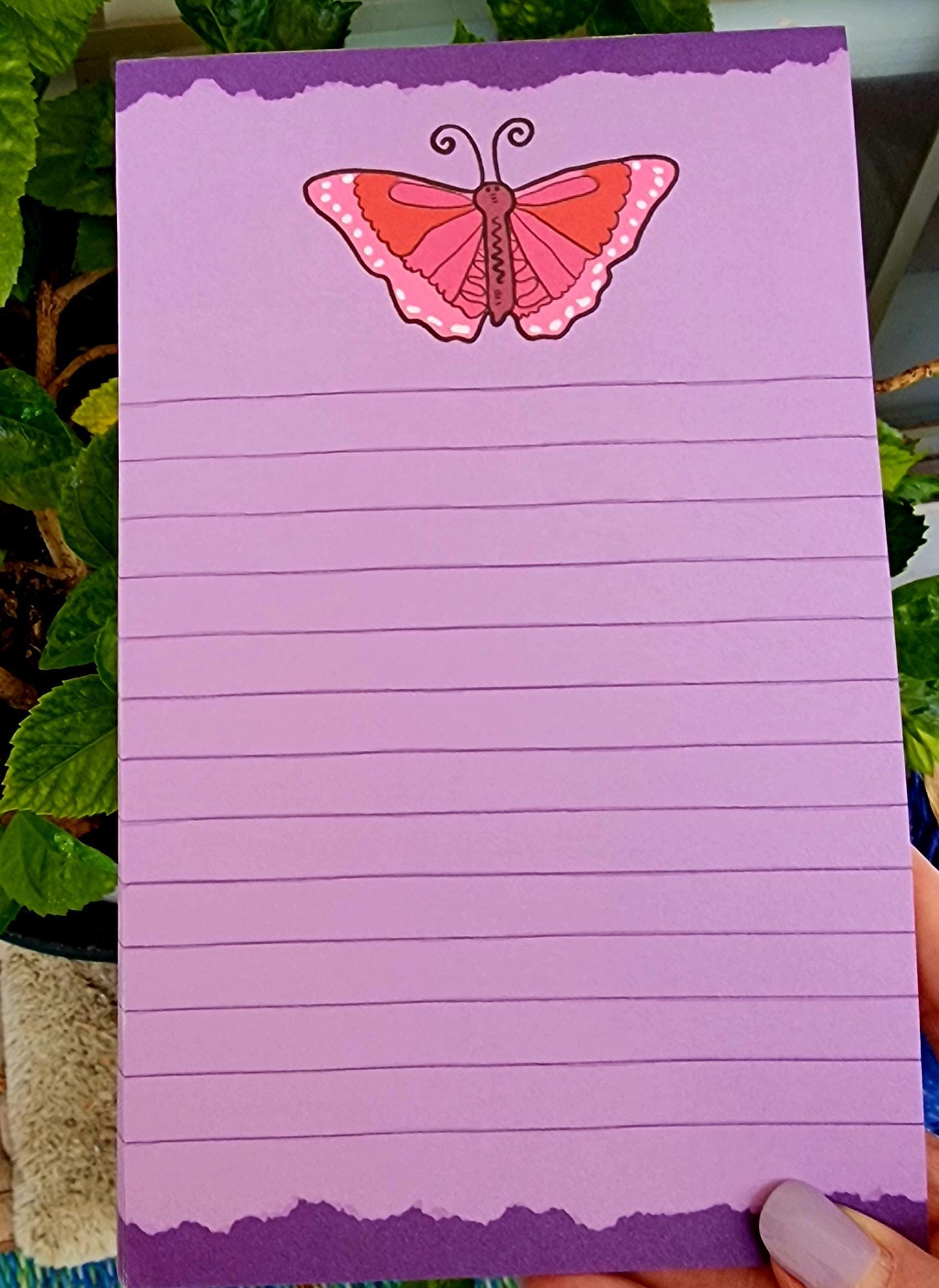 Notepad, Bright Pink Butterfly on Lavender Lined pages, 8" x 5", 50 Sheets