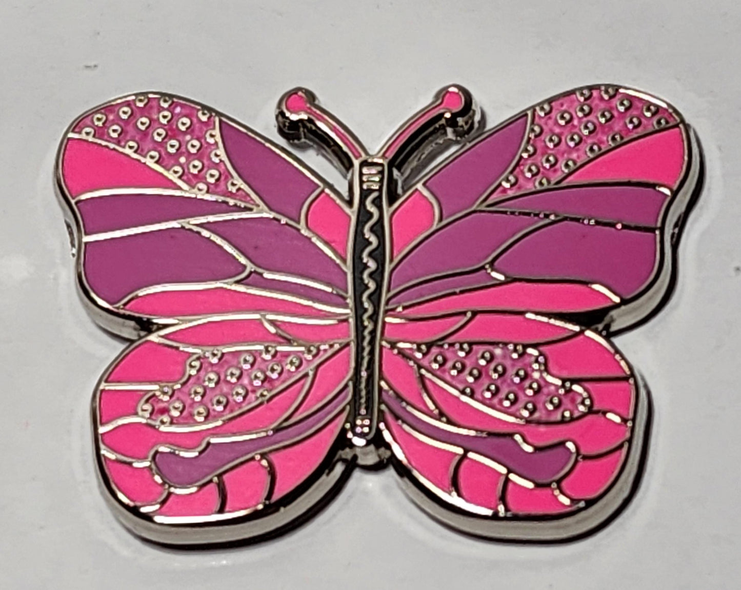 Enamel Pin, Pink Butterfly, Silver Background Border, 1.5 inch