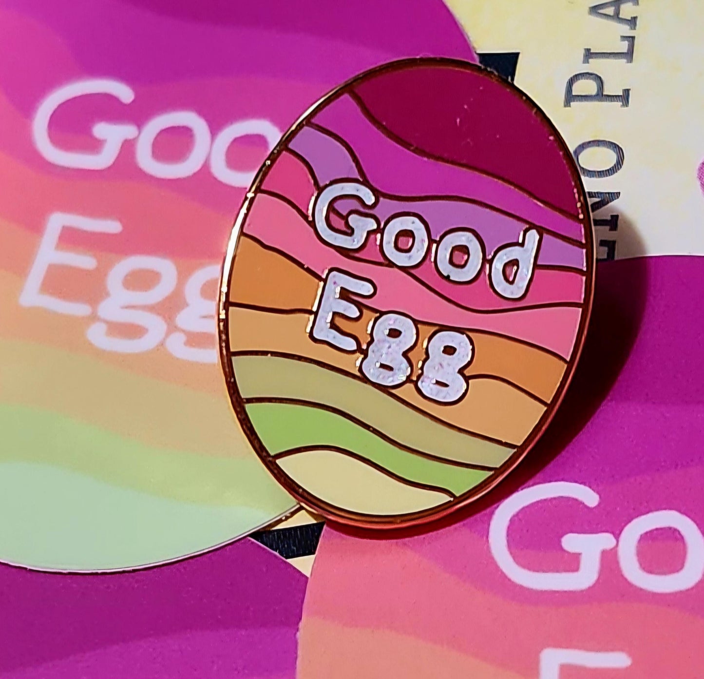 Enamel Pin, Good Egg Colorful Design, Collectible Pins, Gold Tone Background Border, 1 inch