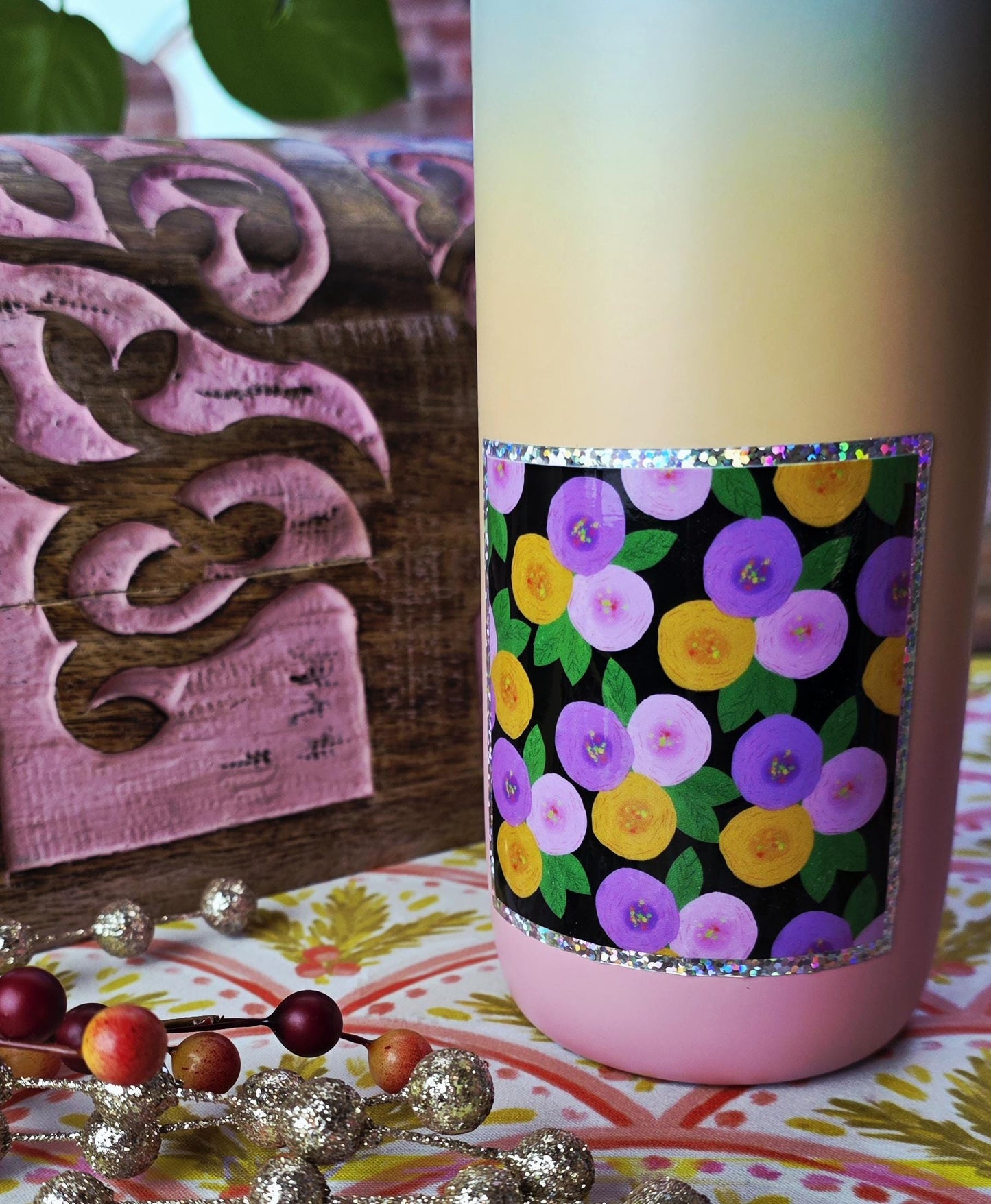 Glitter Sticker, Floral Design, Pink, Purple and Gold, Vinyl, Die-Cut, 3 Inch Square