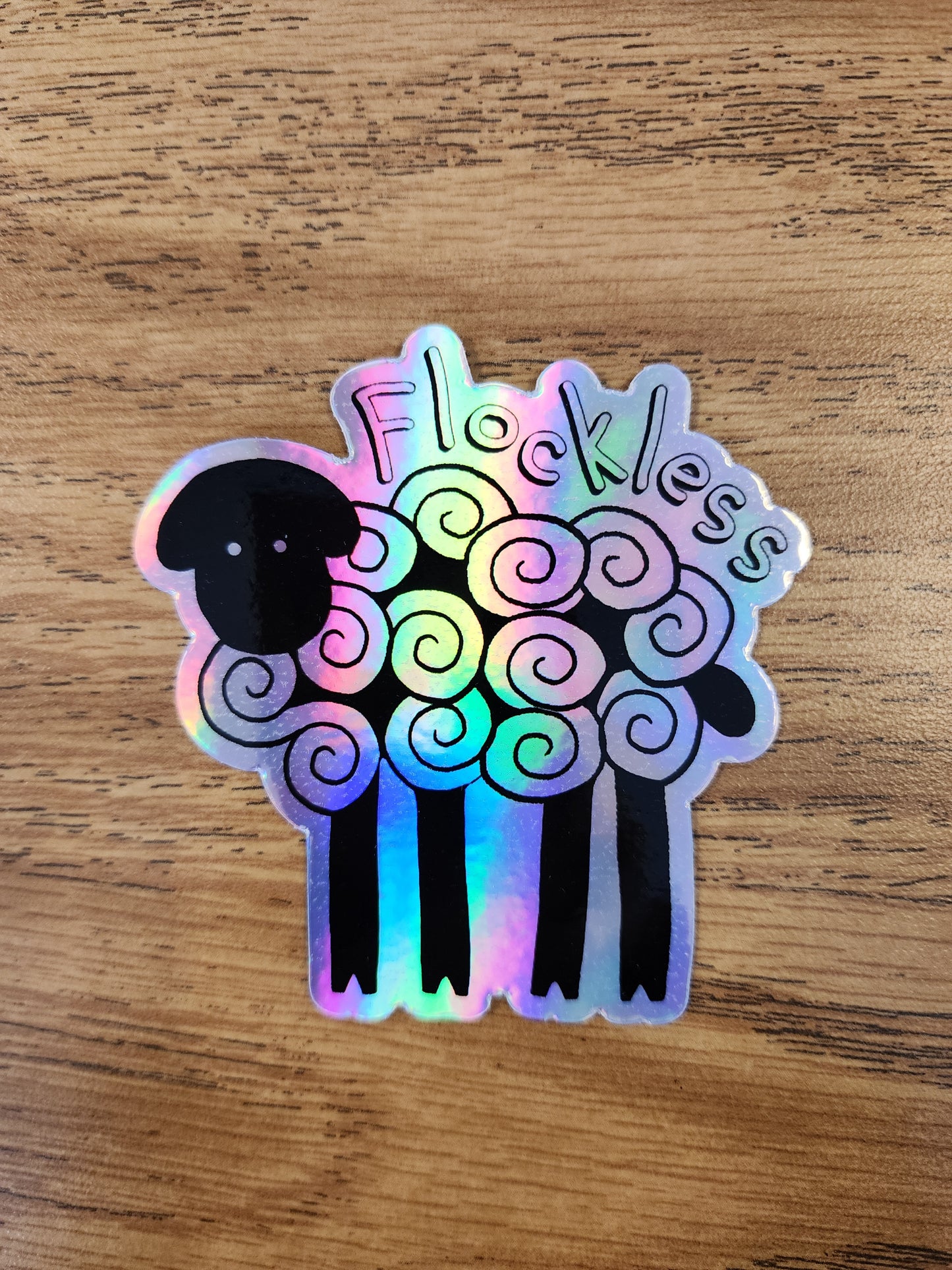 Holographic Sticker, Sheep Design, "Flockless," Vinyl, Die-Cut, 3 Inch Sticker