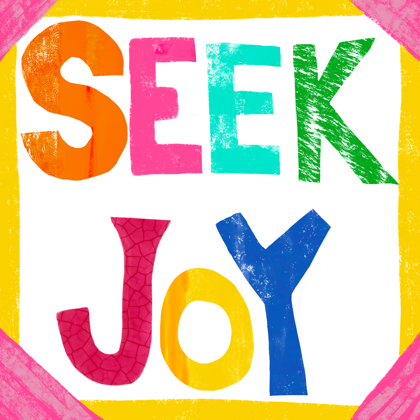 Magnet, Message "Seek Joy" on Bright Multi Color, 3 Inch Square