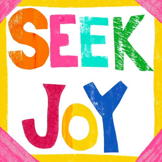 Magnet, Message "Seek Joy" on Bright Multi Color, 3 Inch Square