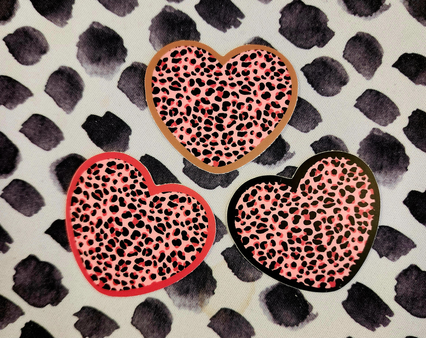 Sticker, Heart Shaped Pink Leopard Print Stickers, Vinyl, 2 Inches, 3 Border Color Choices