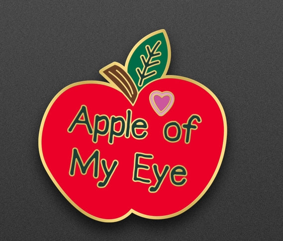 Enamel Pin, Apple of My Eye Red Apple Design, Gold Background/Border, 1 inch