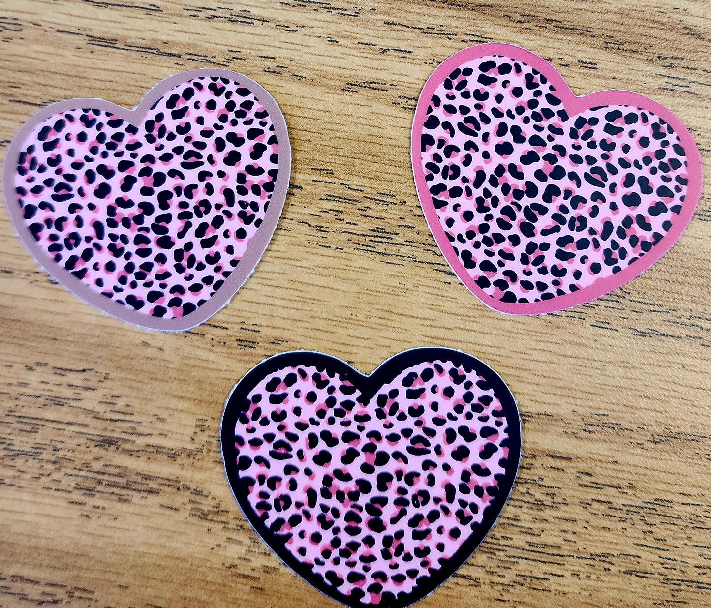 Sticker, Heart Shaped Pink Leopard Print Stickers, Vinyl, 2 Inches, 3 Border Color Choices